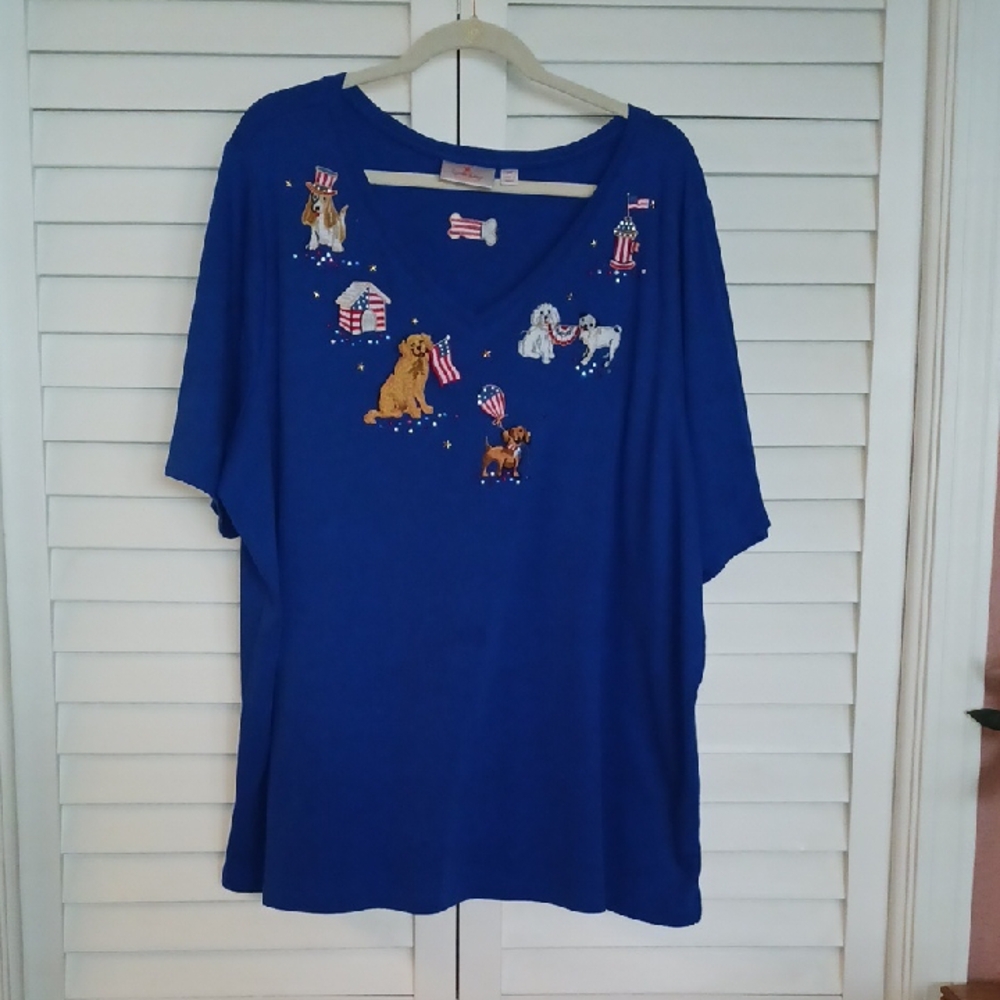 3X Quacker Factory Blue Patriotic Dog Embroidery Embellished T-Shirt